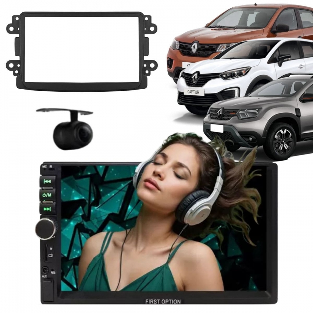 Central Multimídia 2 Din Mp5 Logan Expression Câmera Moldura