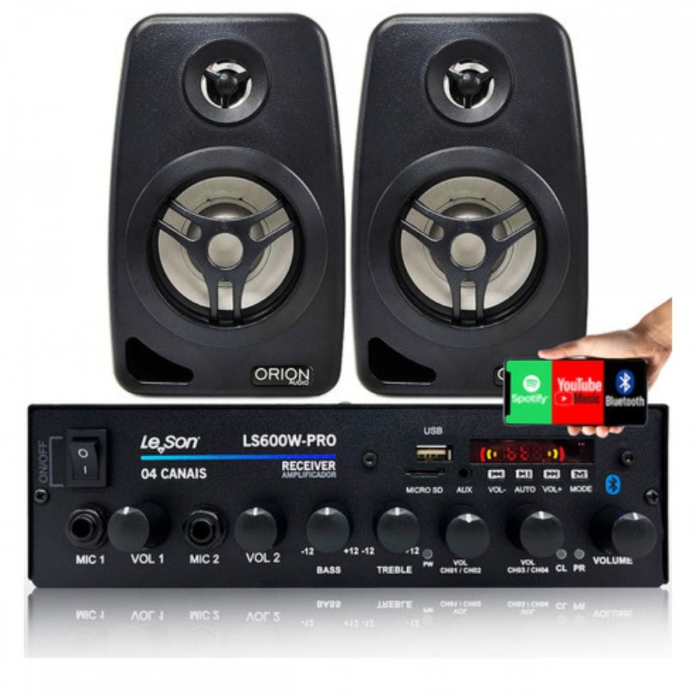 Amplificador Som Bluetooth Grave + 2 Caixas De Som Ambiente