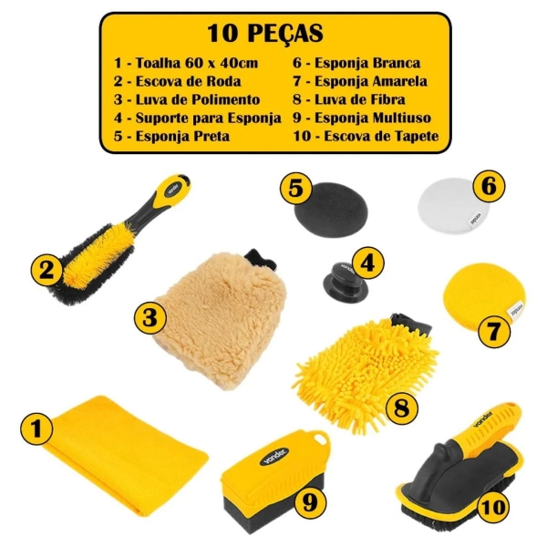 Kit Lavagem Automotiva 10 Peças Escova Luva Esponja Completo