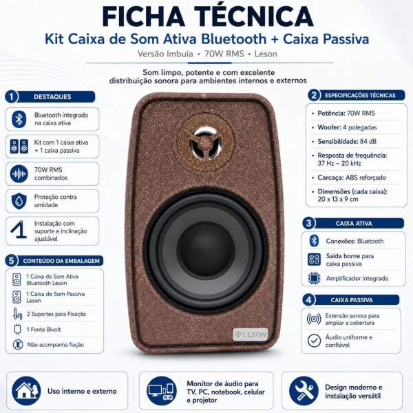 Caixa Som Ambiente Bluetooth 70W Leson Imbuia Ativa + Passiva