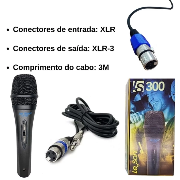 Kit Microfone Dinâmico Leson LS-300 Preto 3 unidades