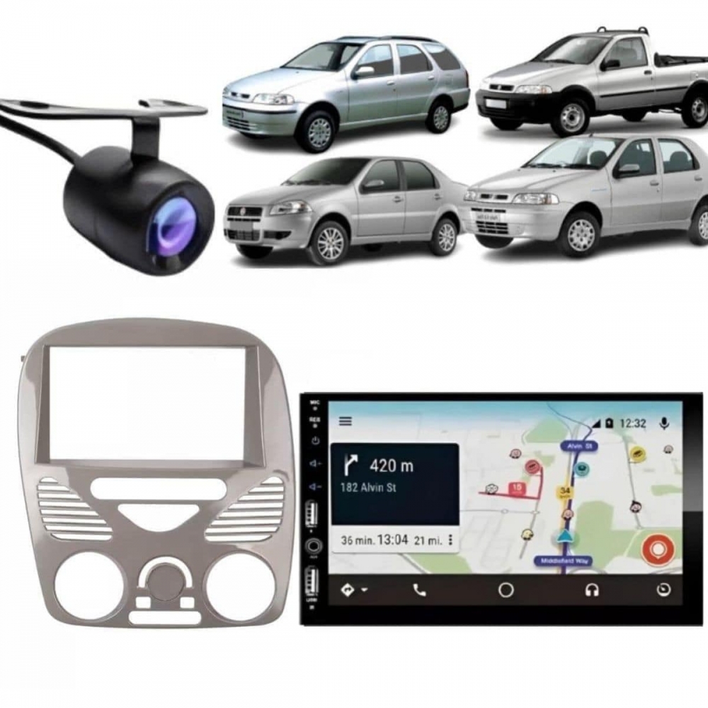 Central Multimídia Carplay Android Palio G3 Moldura + Câmera Cinza Brilhante