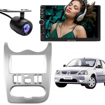 Central Multimídia 2 Din Mp5 Renault Logan Câmera Moldura Prata