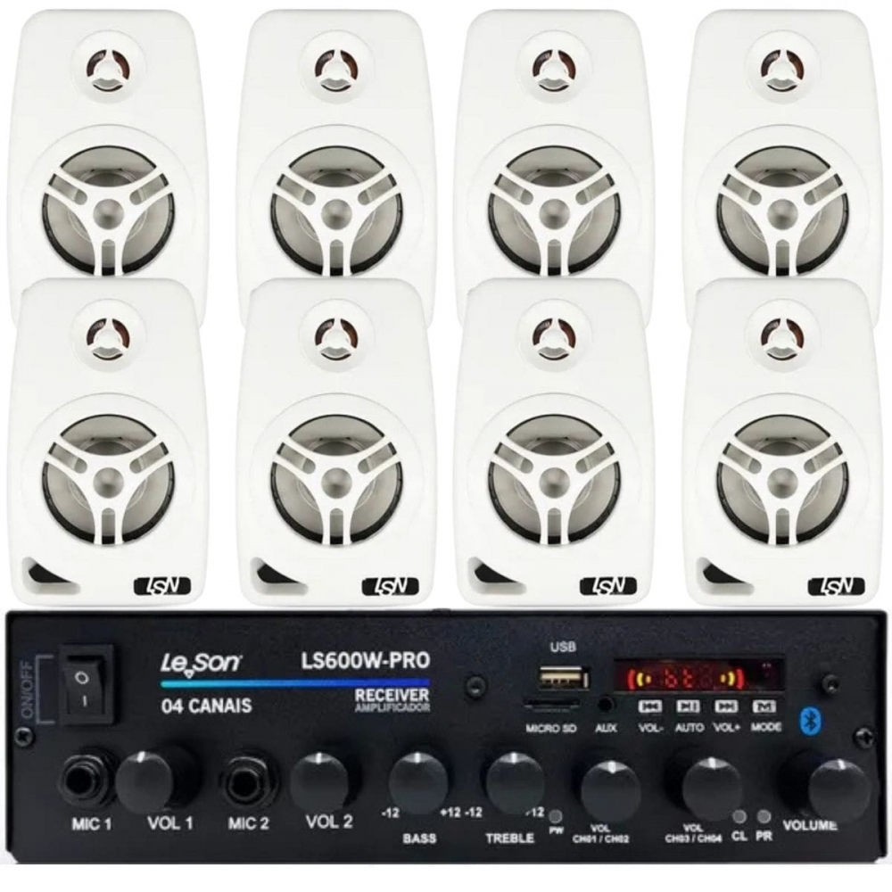 Kit Amplificador 600w Pro Som Ambiente + 8 Caixas Parede Branca