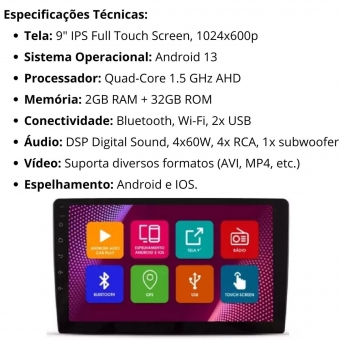 Multimídia Android Carplay 9p 2+32Gb Quadcore Kicks Gps Bt