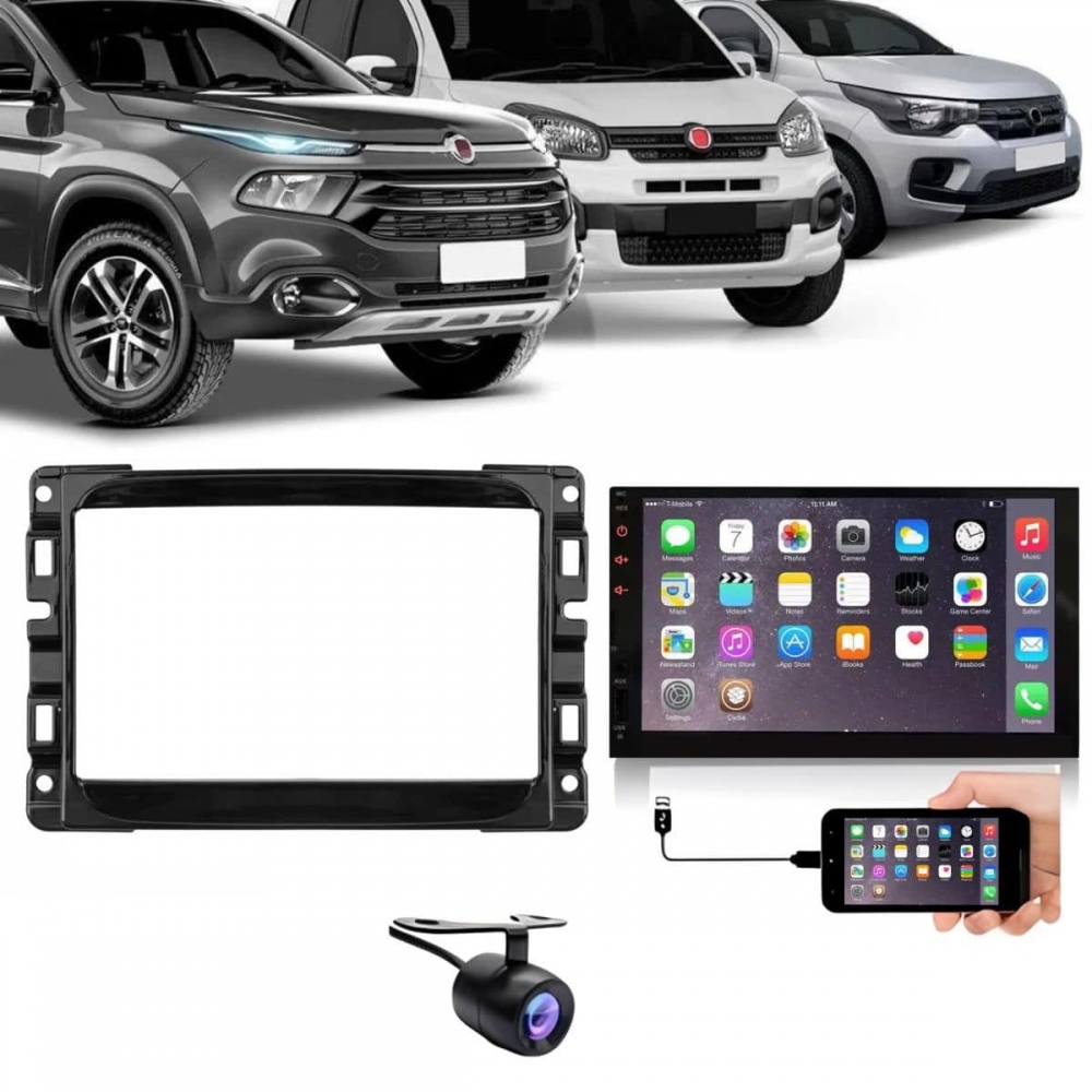 Central Multimídia 2 Din Mp5 Fiat Mobi Câmera Moldura Tela BP
