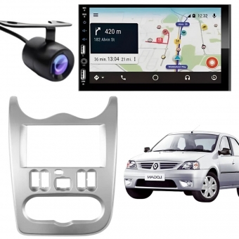 Central Multimídia Carplay Android Logan Moldura + Câmera Prata