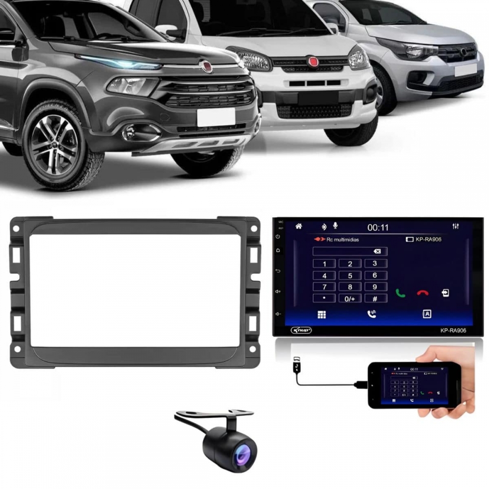 Central Multimidia Android Auto Fiat Uno Moldura + Câm Preto Fosco