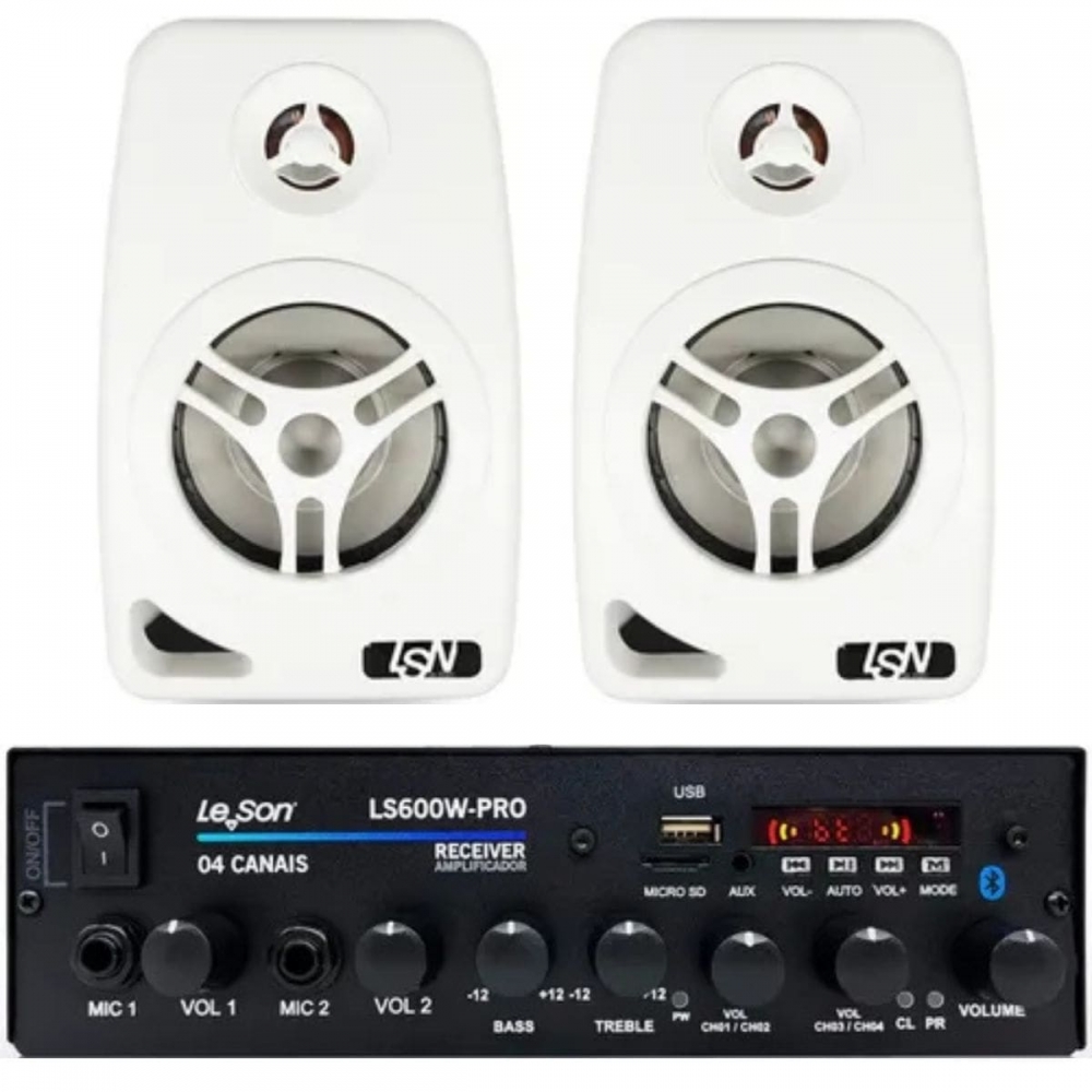 Kit Amplificador 600w Pro Som Ambiente + 2 Caixas Parede Branca
